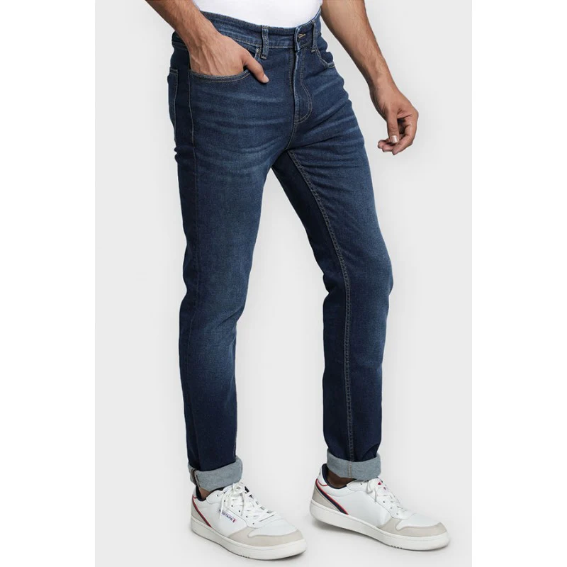 Men's Dark Blue Cotton Elastane Skinny Fit Jeans - Image 3