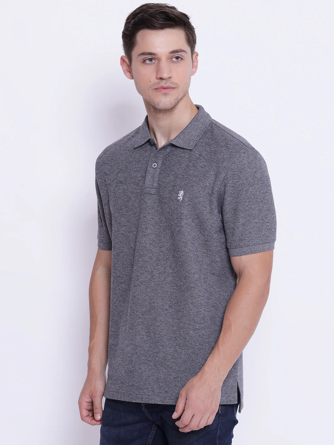 Men's Dark Grey Melange Collared T-Shirt - Image 2