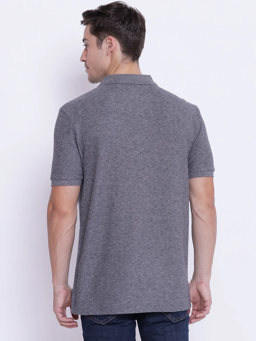 Men's Dark Grey Melange Collared T-Shirt - Image 3