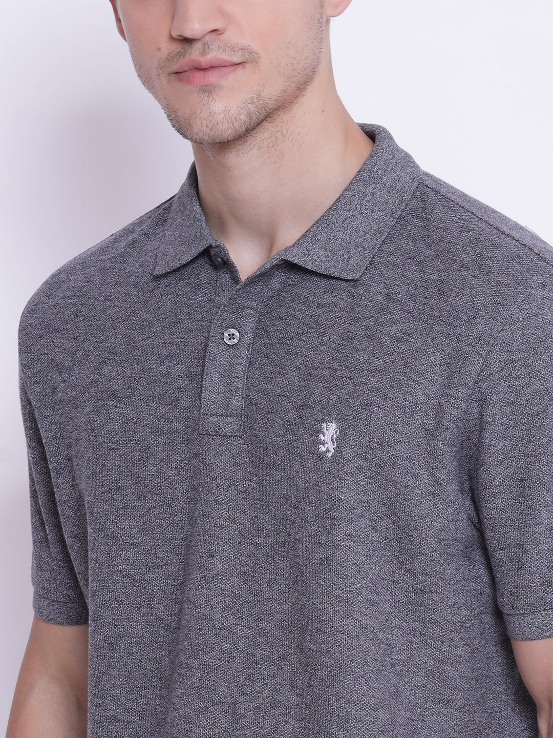 Men's Dark Grey Melange Collared T-Shirt - Image 4