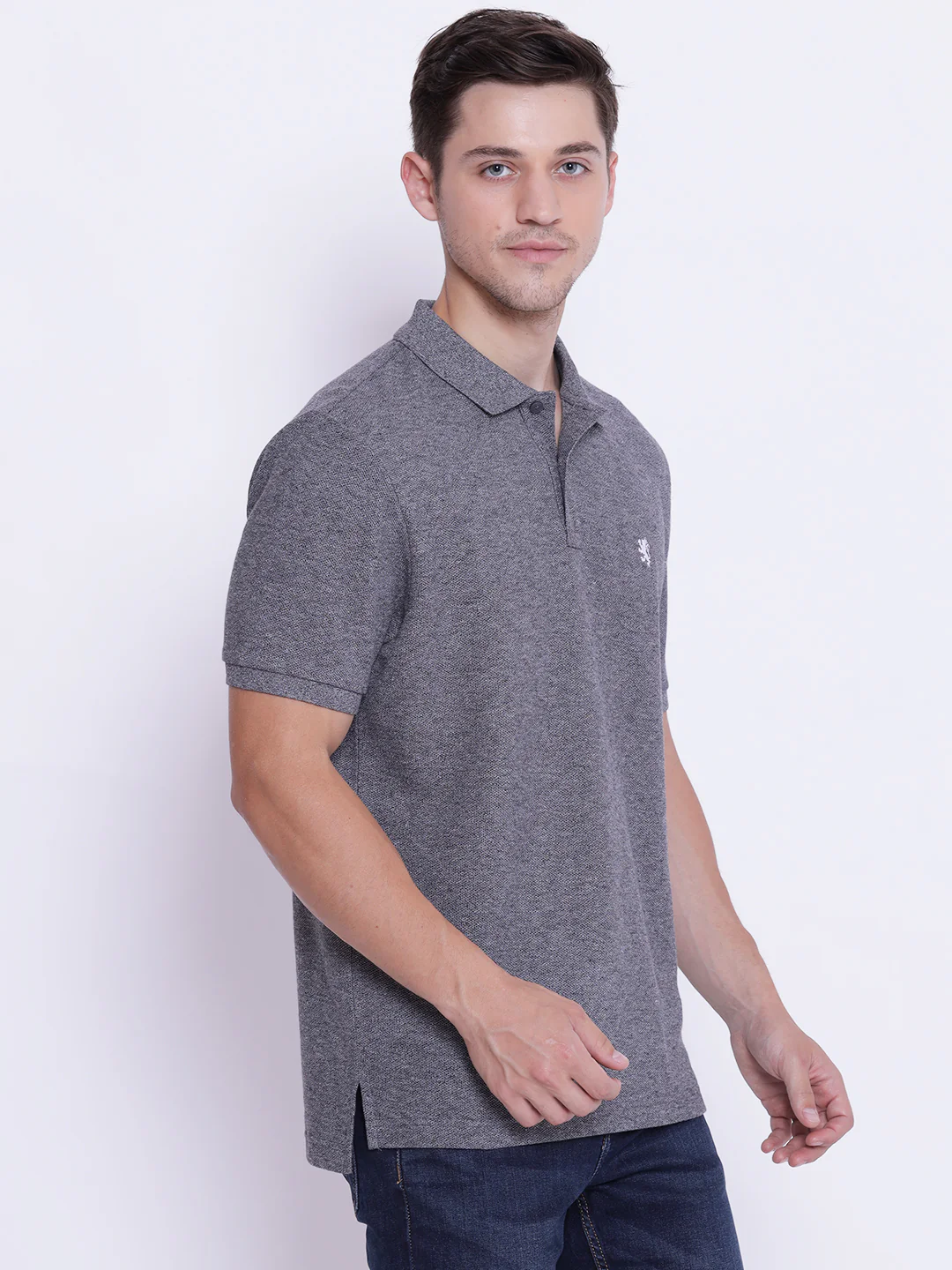 Men's Dark Grey Melange Collared T-Shirt - Image 6