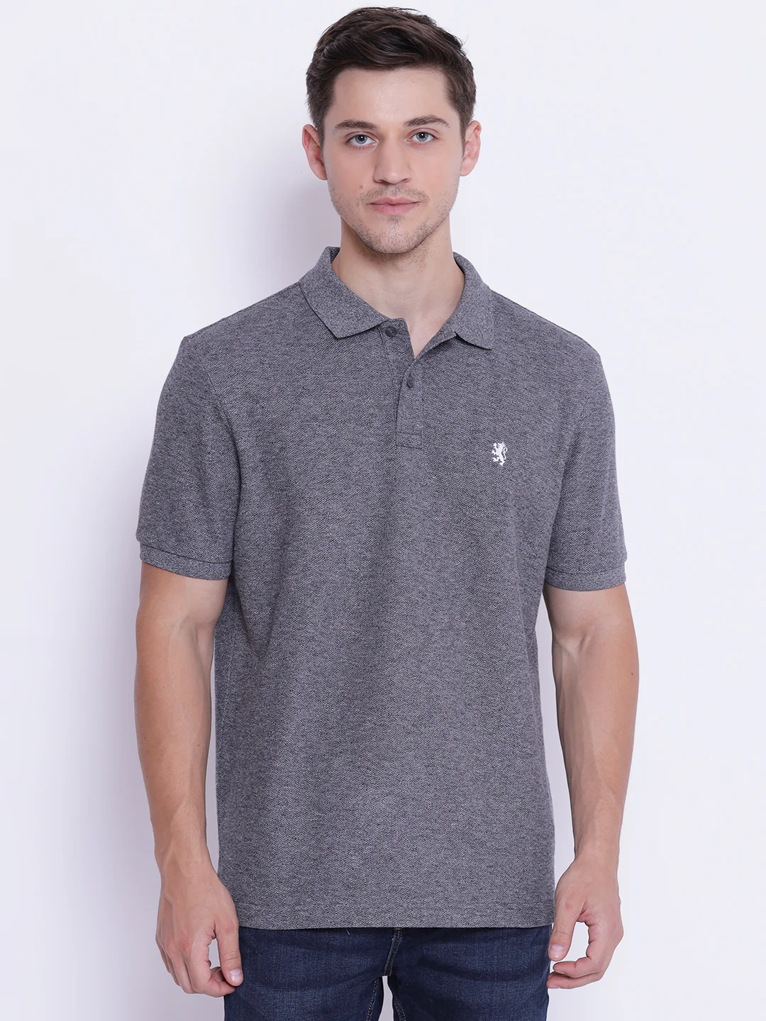 Men's Dark Grey Melange Collared T-Shirt - Image 7