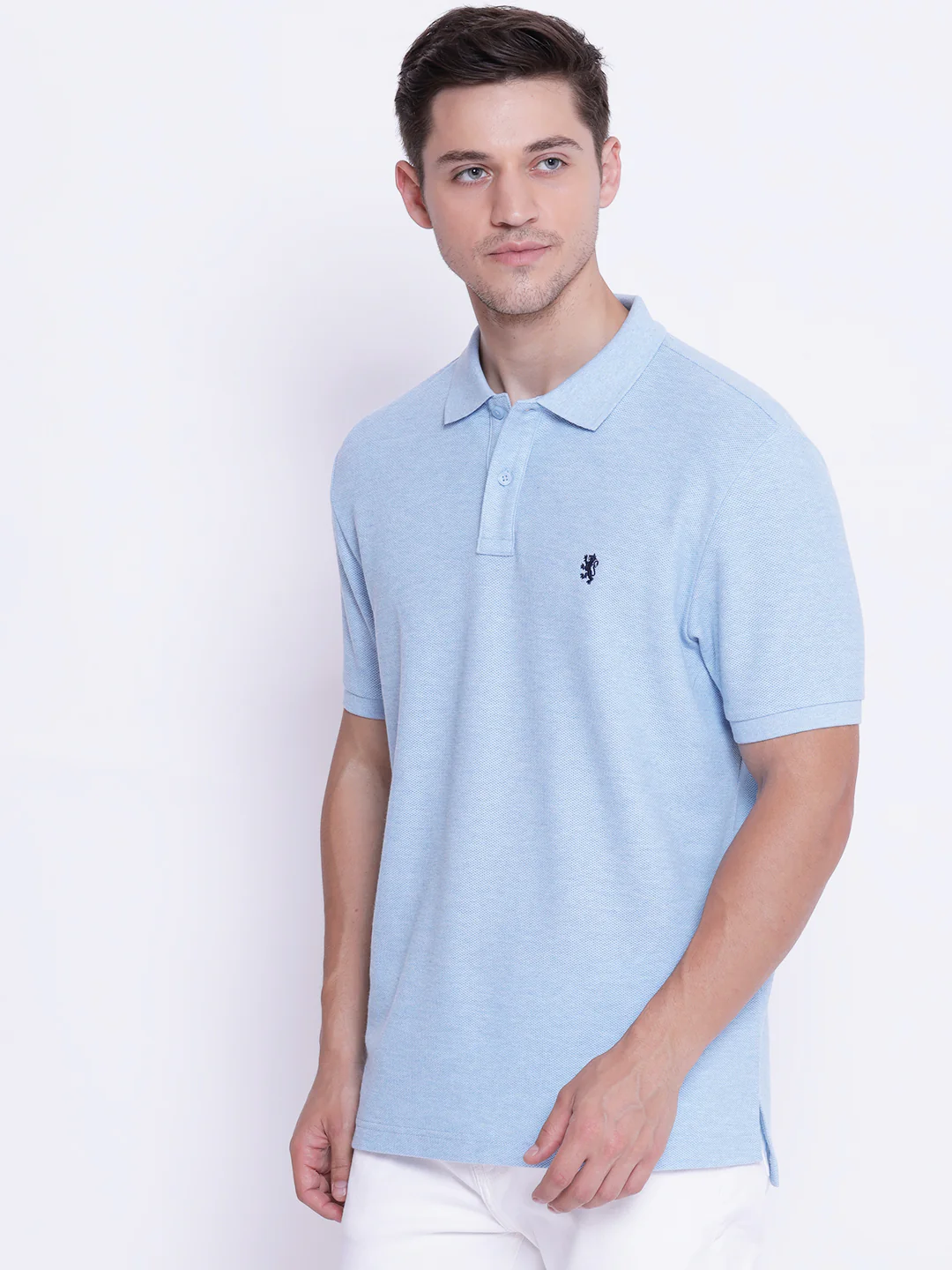 Men's Light Blue Melange Collared T-Shirt - Image 2