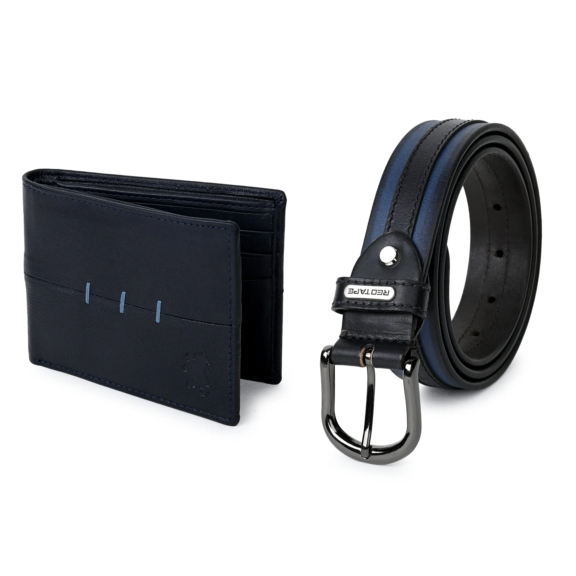 Men's Navy Black Genuine Leather Wallet & Belt Combo - Image 2