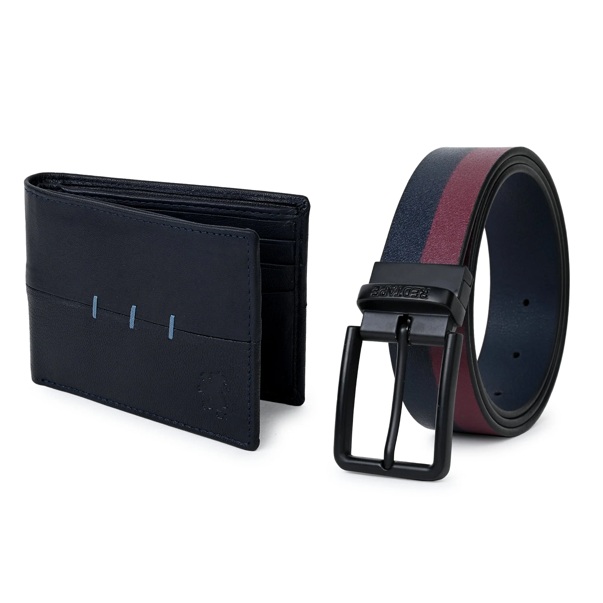 Men's Navy Burgundy Genuine Leather Wallet and Belt Combo Gift Set - Image 2