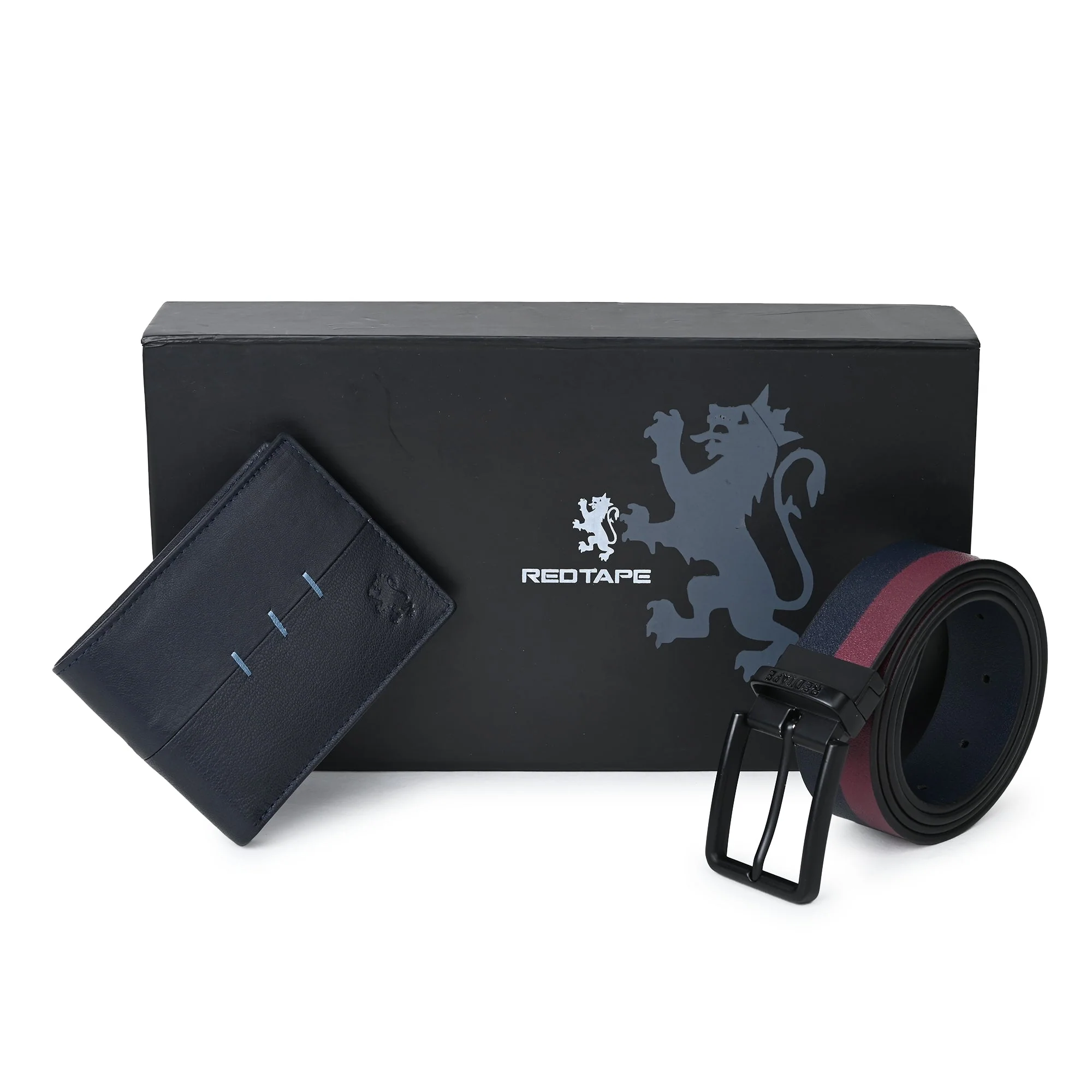 Men's Navy Burgundy Genuine Leather Wallet and Belt Combo Gift Set - Image 7