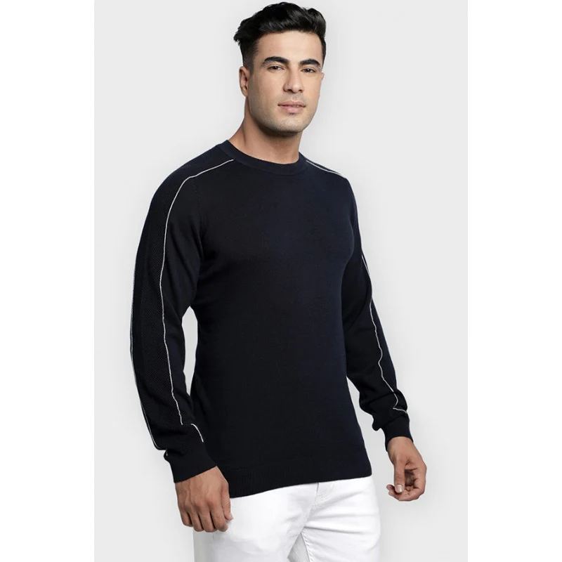 Mens Navy Cotton Sweater - Image 3