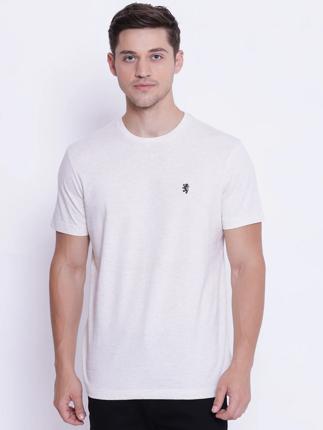 Men's Off White Melange Round Neck T-Shirt - Image 2