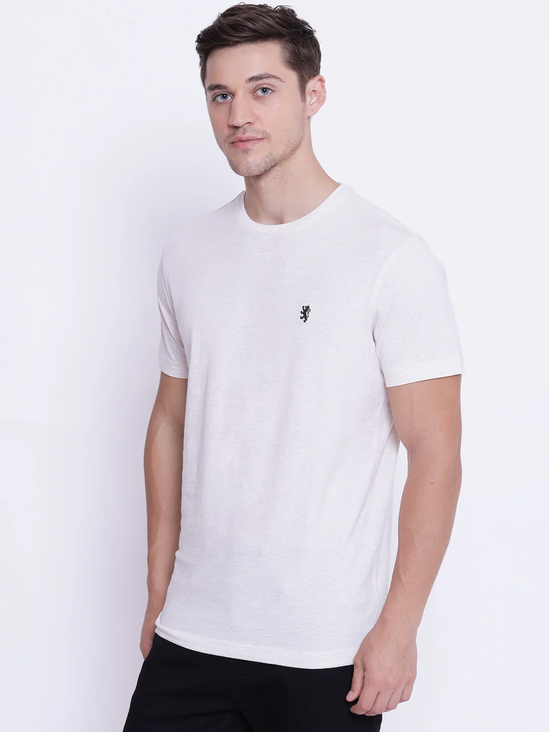 Men's Off White Melange Round Neck T-Shirt - Image 3