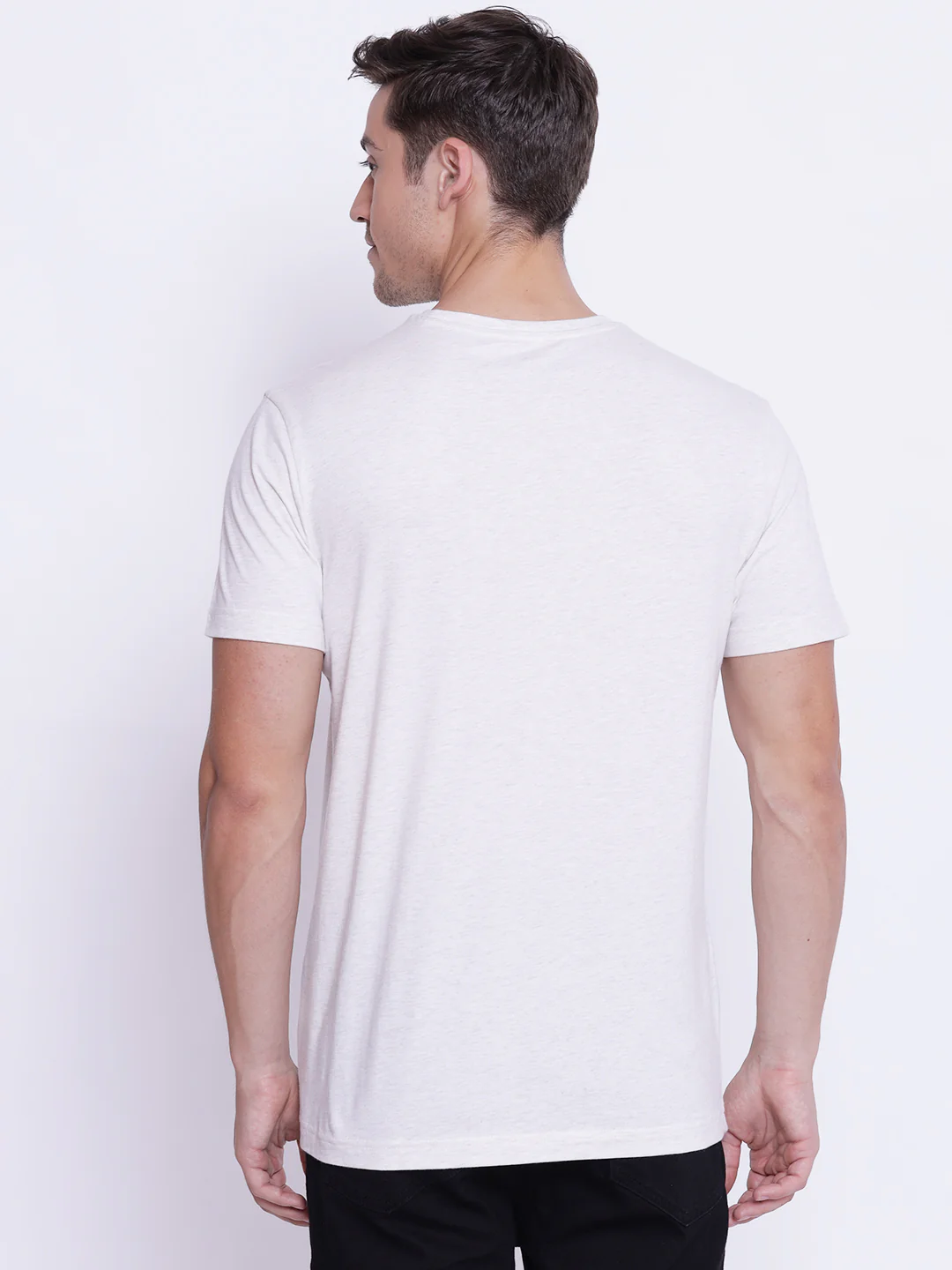 Men's Off White Melange Round Neck T-Shirt - Image 4
