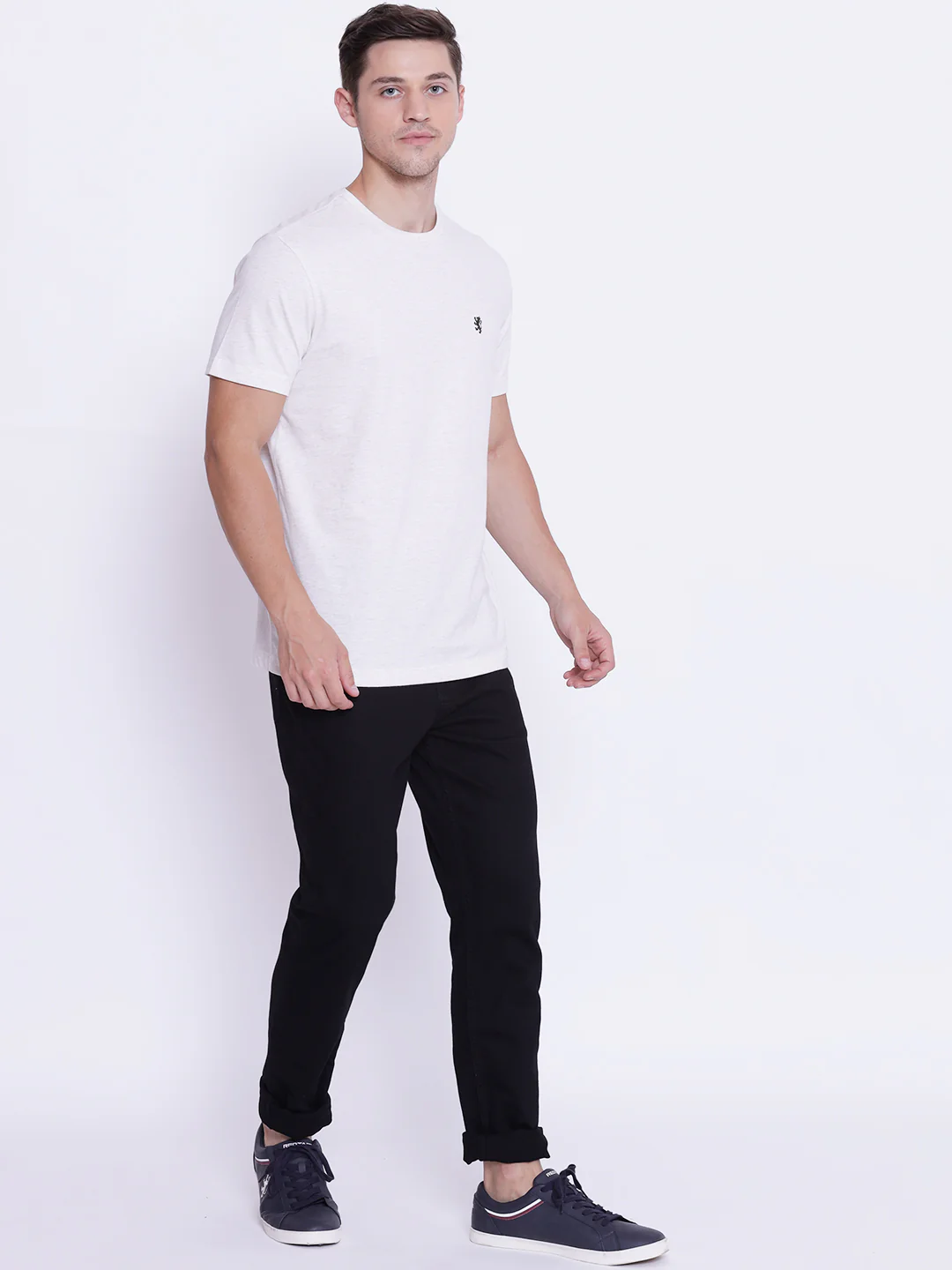 Men's Off White Melange Round Neck T-Shirt - Image 6