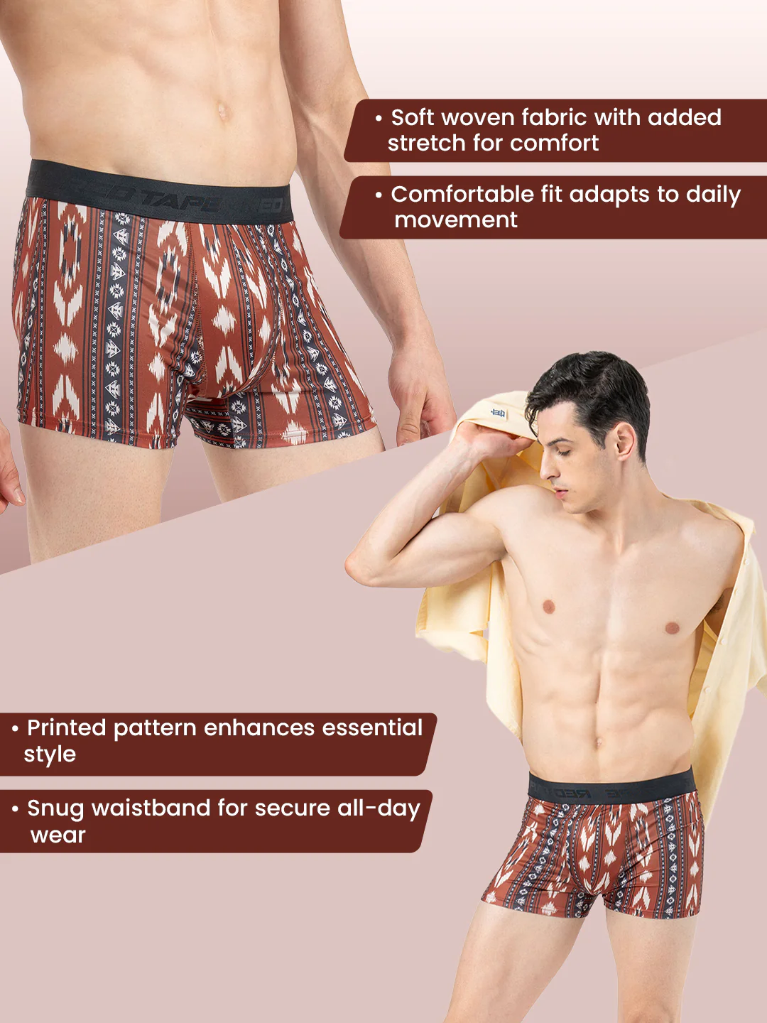 Men's Red Printed Elasticated Polyester Stretched Woven Trunk - Image 2