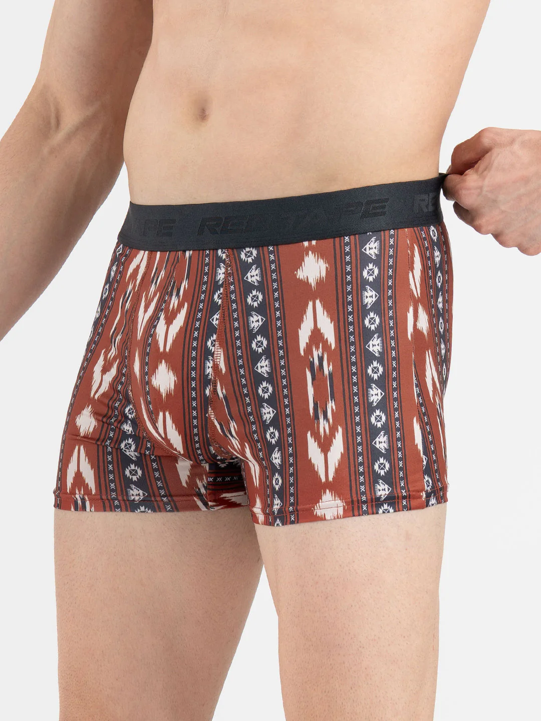 Men's Red Printed Elasticated Polyester Stretched Woven Trunk - Image 3