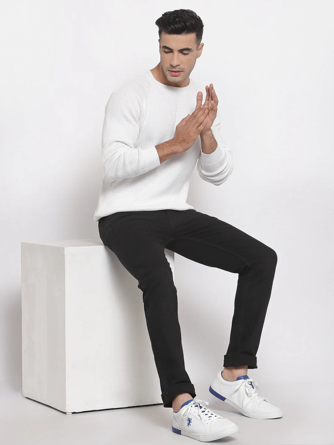 Men's Self Design Off White Sweater - Image 4