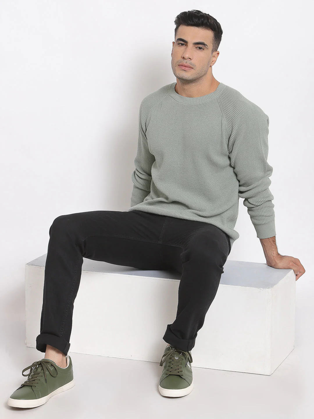 Men's Self Design Pastel Green Sweater - Image 4