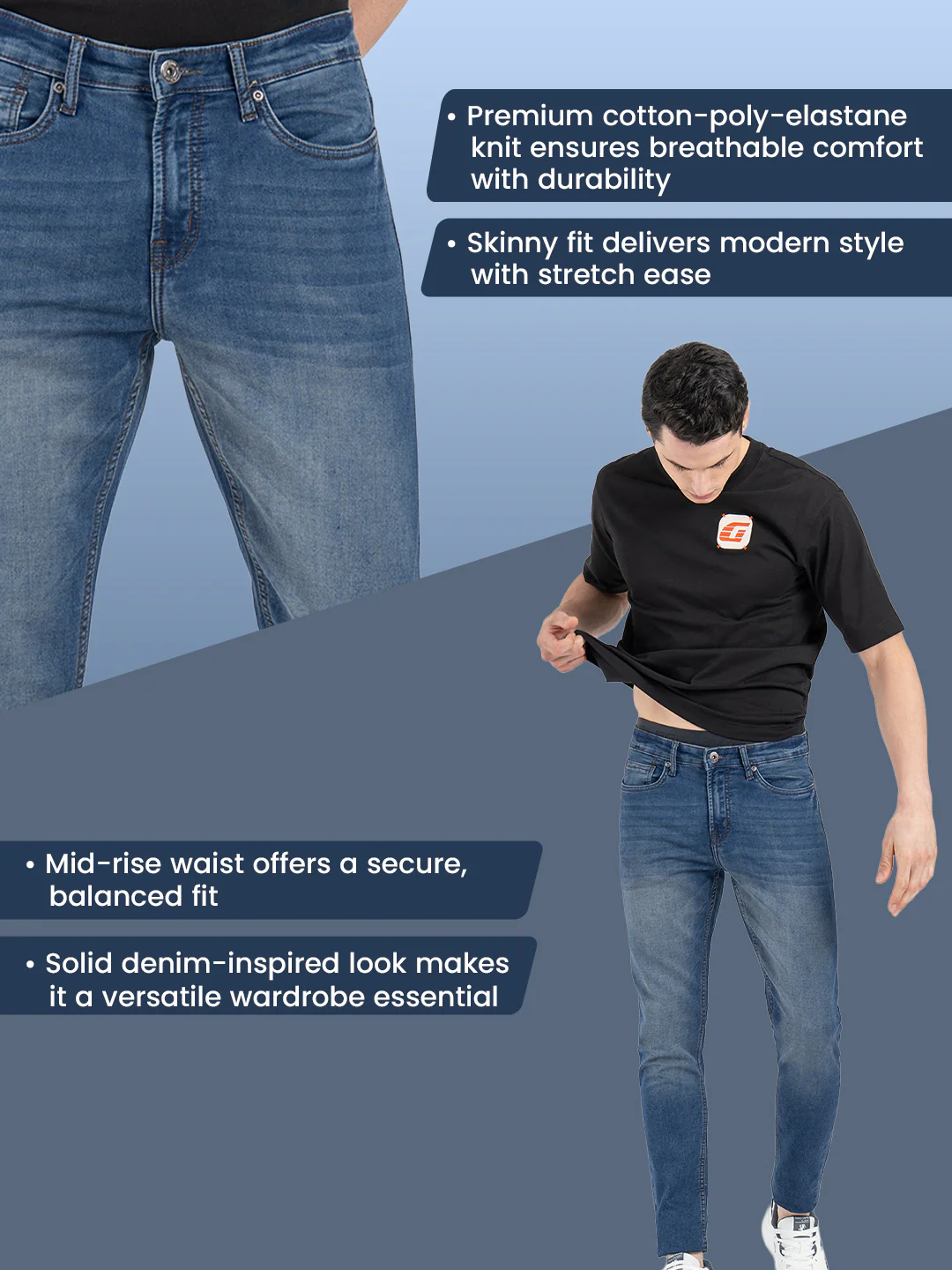 Men's Solid Knitted Cotton Poly Strecthed Jeans - Image 2