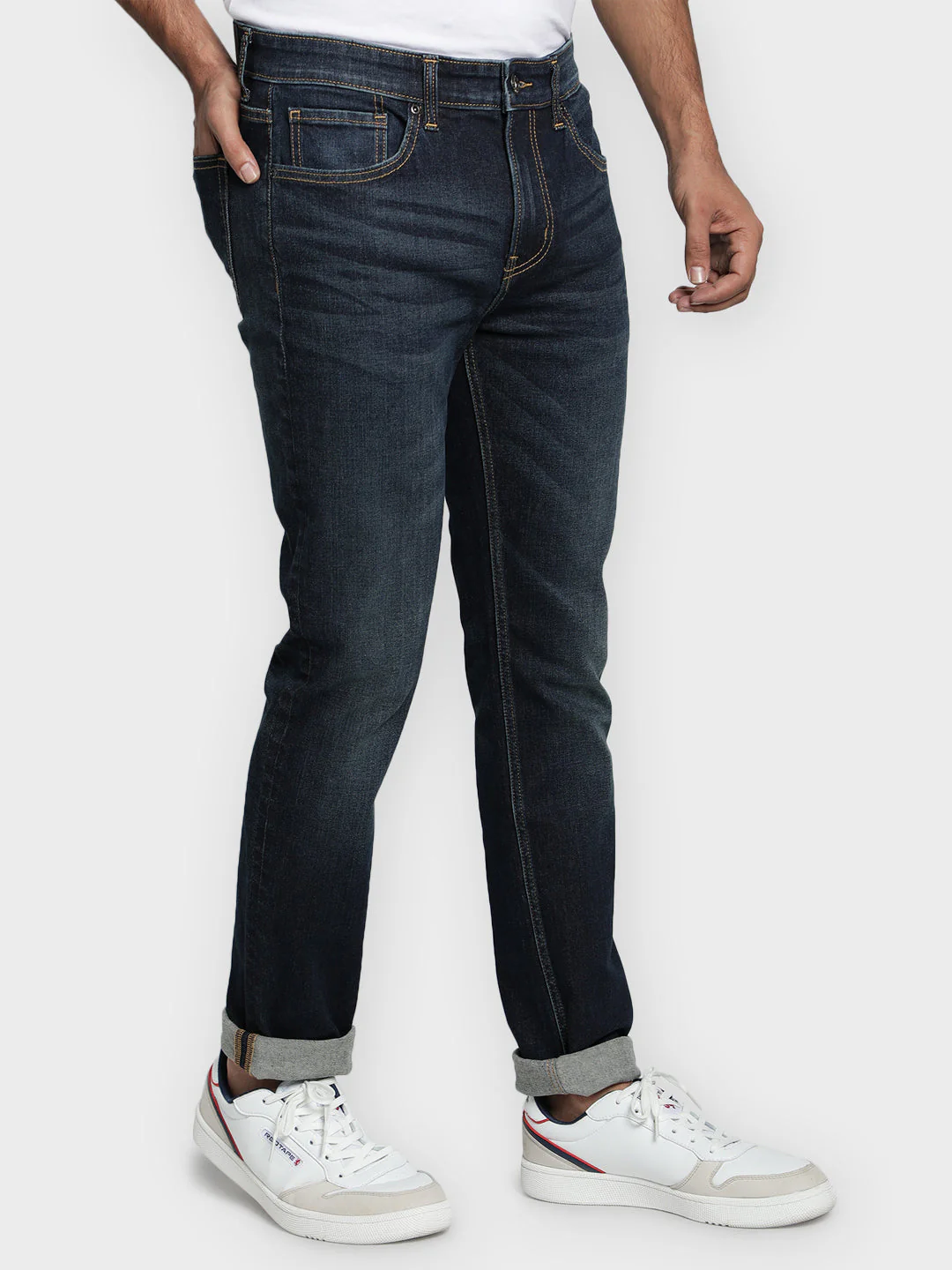 Men's Tinted Dark Blue Cotton Elastane Skinny Fit Jeans - Image 3