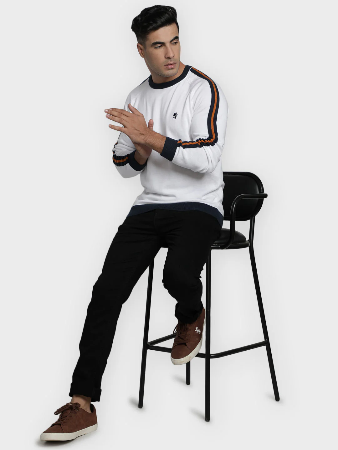 Men's White Solid Pure Cotton Sweater - Image 3