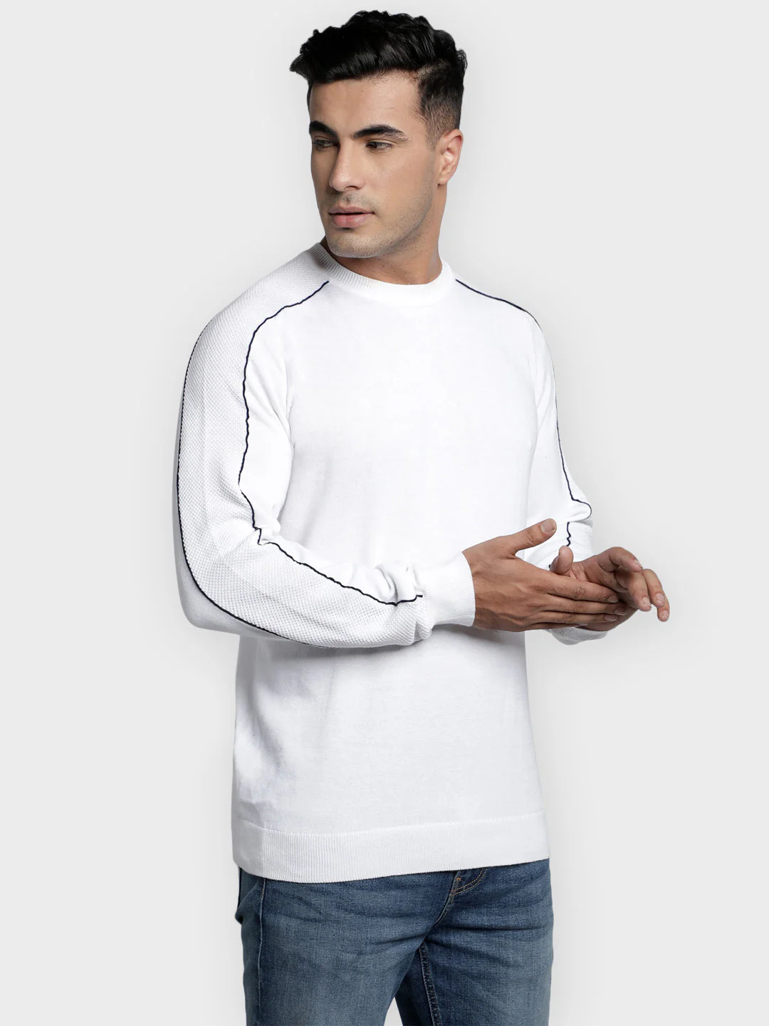 Men's White Solid Pure Cotton Sweater - Image 2