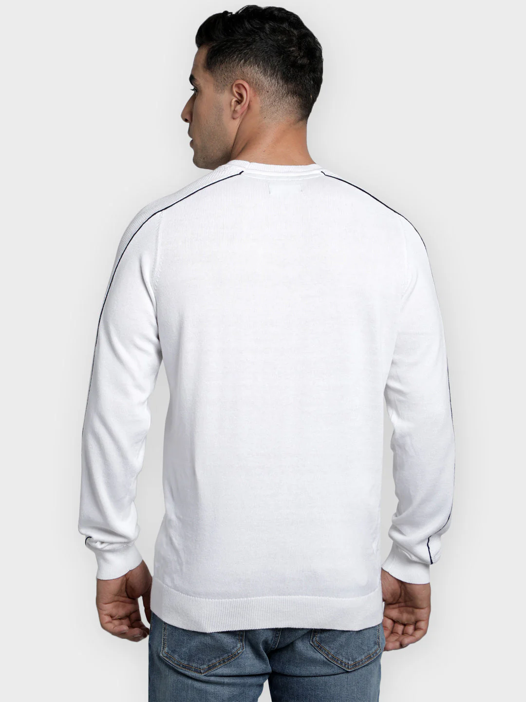 Men's White Solid Pure Cotton Sweater - Image 3