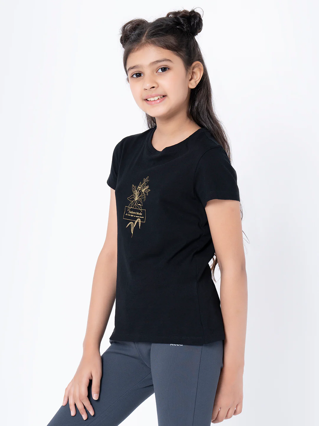 Girls Black Floral Print T-Shirt - Image 2
