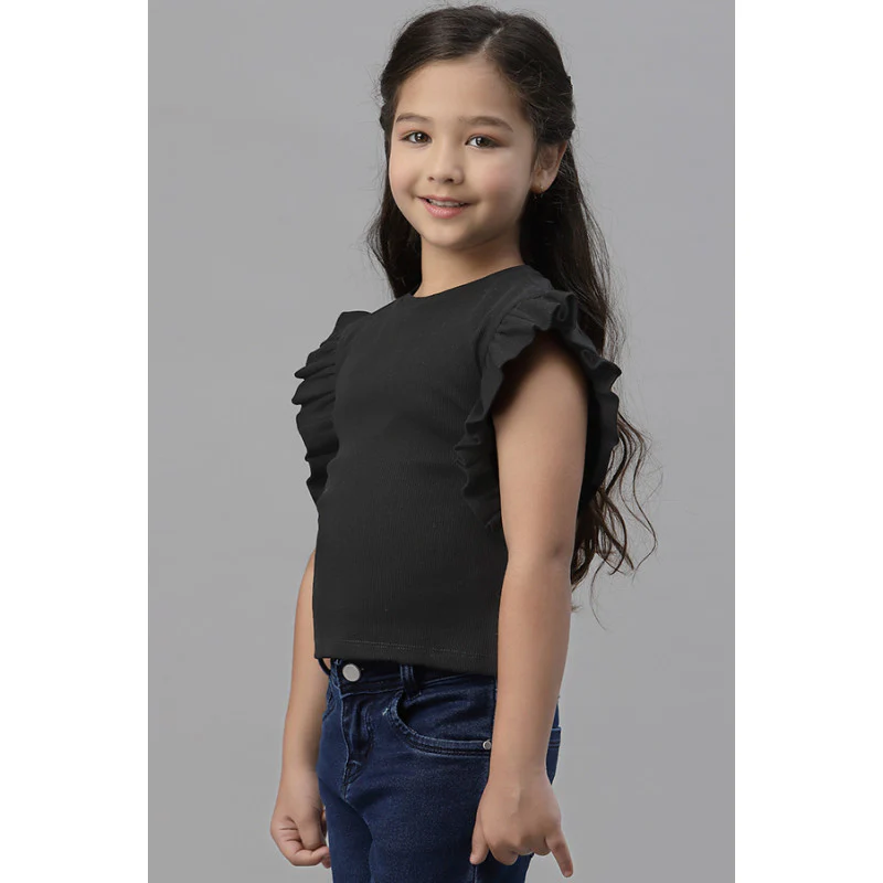 Girls Black Round Neck T-Shirt - Image 2