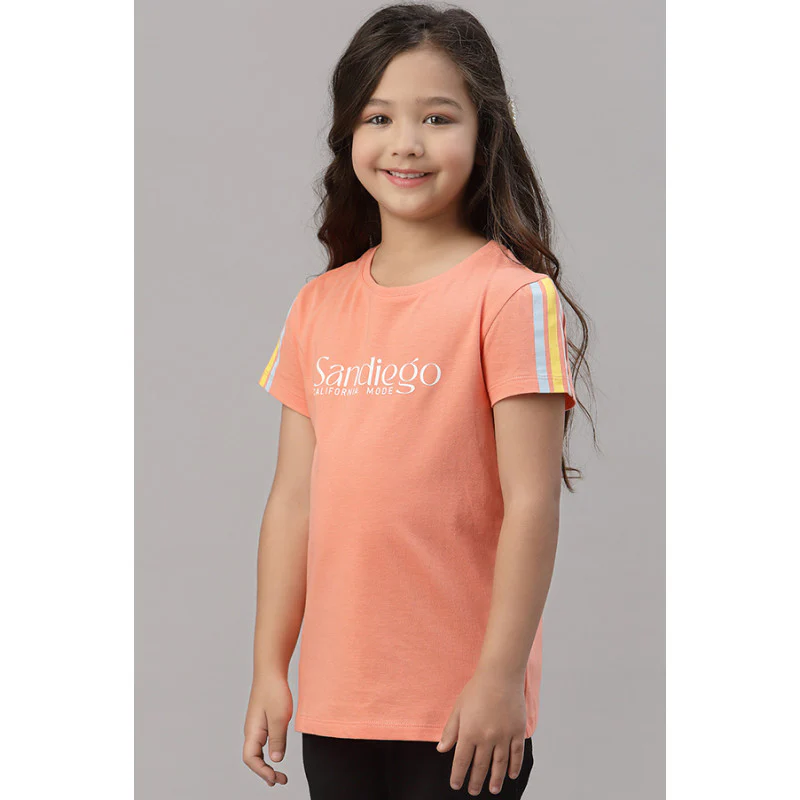 Girls Bright Peach Round Neck T-Shirt - Image 2