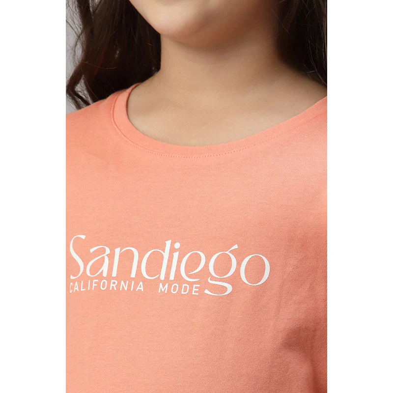 Girls Bright Peach Round Neck T-Shirt - Image 3