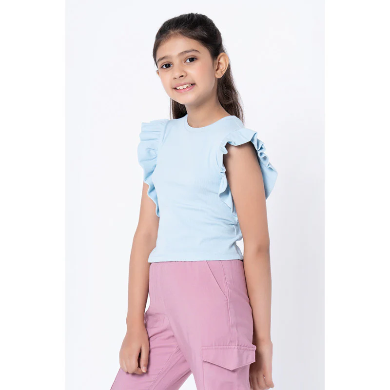 Girls Ice Blue Solid T-Shirt - Image 2