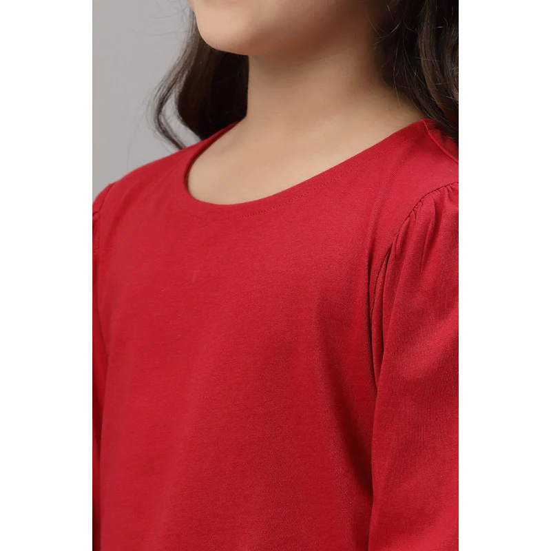 Girls Red Round Neck T-Shirt - Image 3