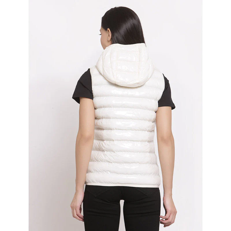 Off White Solid Padded Jacket for Women - Image 2