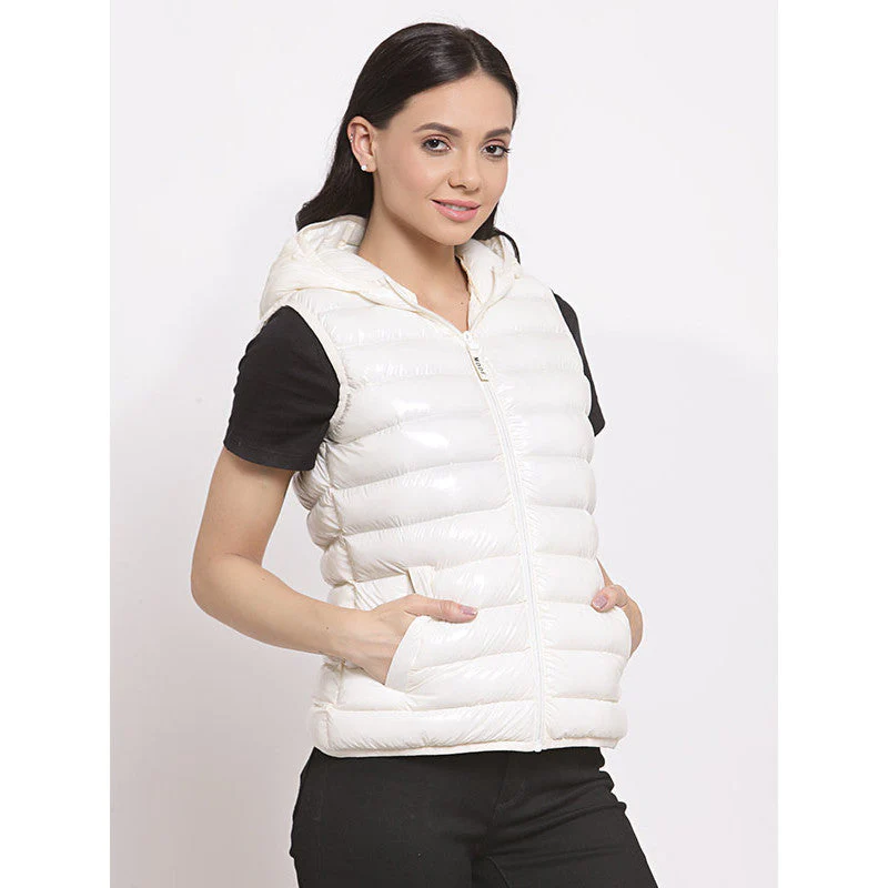 Off White Solid Padded Jacket for Women - Image 3