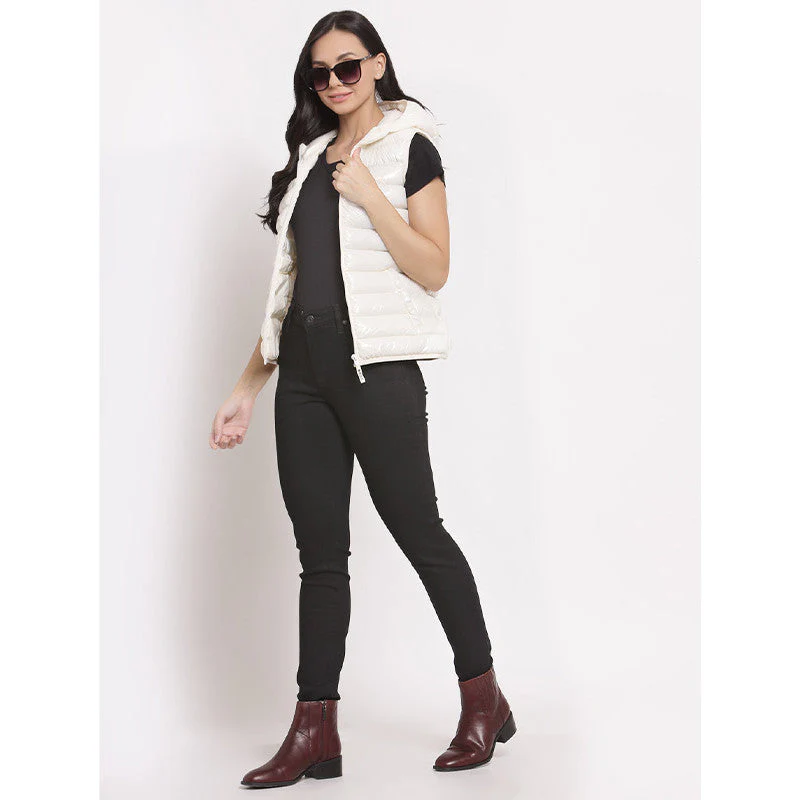 Off White Solid Padded Jacket for Women - Image 4
