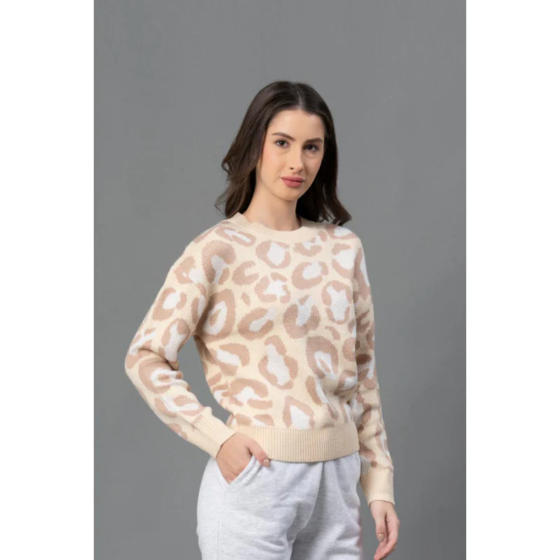 Women  Beige Leopard Jacquard Sweater - Image 2