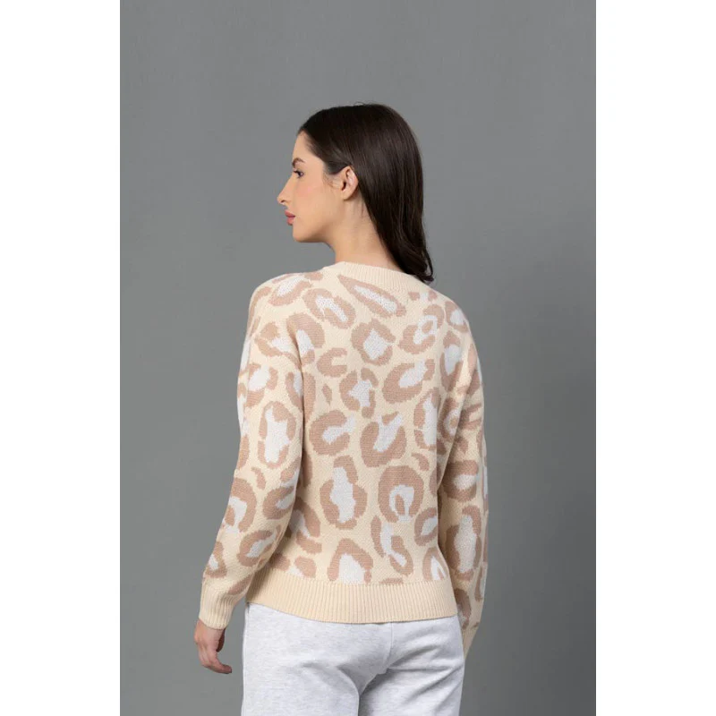 Women  Beige Leopard Jacquard Sweater - Image 3