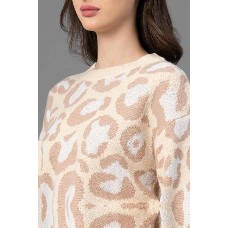 Women  Beige Leopard Jacquard Sweater - Image 4
