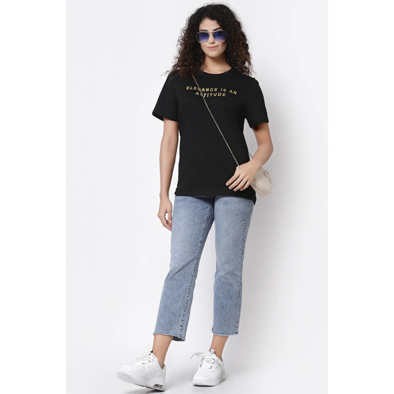 Women Black Round Neck T-Shirt - Image 5