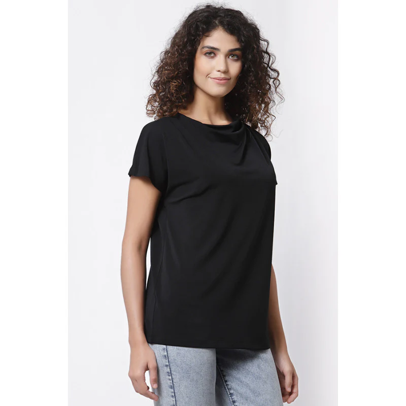 Women Black Cowl Neck T-Shirt - Image 3