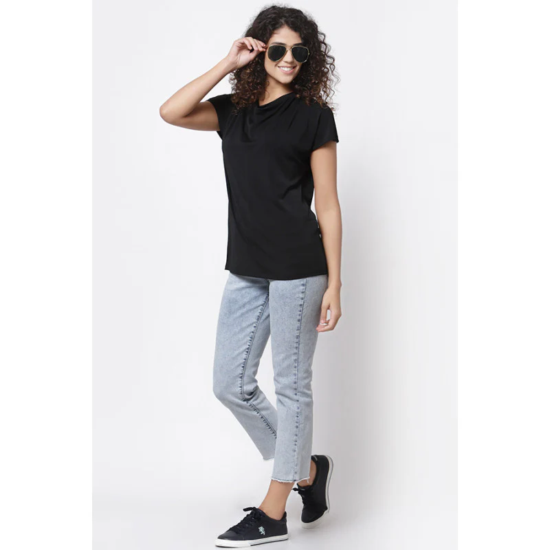Women Black Cowl Neck T-Shirt - Image 5