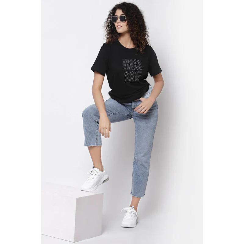 Women Black Round Neck T-Shirt - Image 5