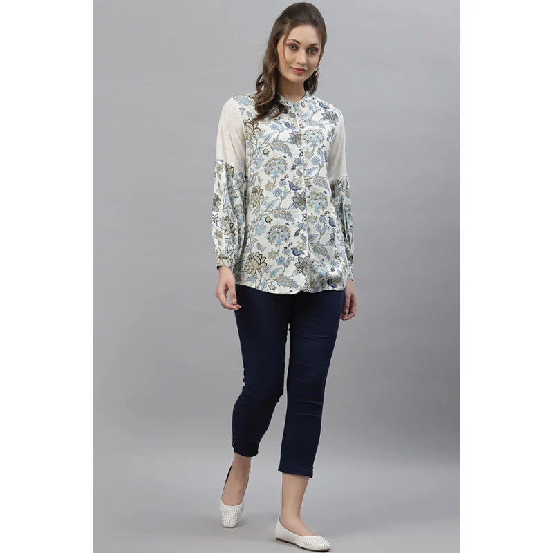 Women Blue Floral Blouse Top - Image 5