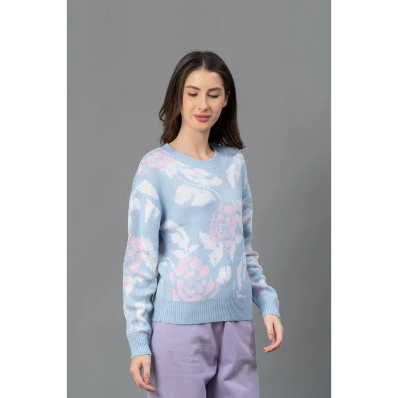 Women Blue Floral Jacquard Sweater - Image 2