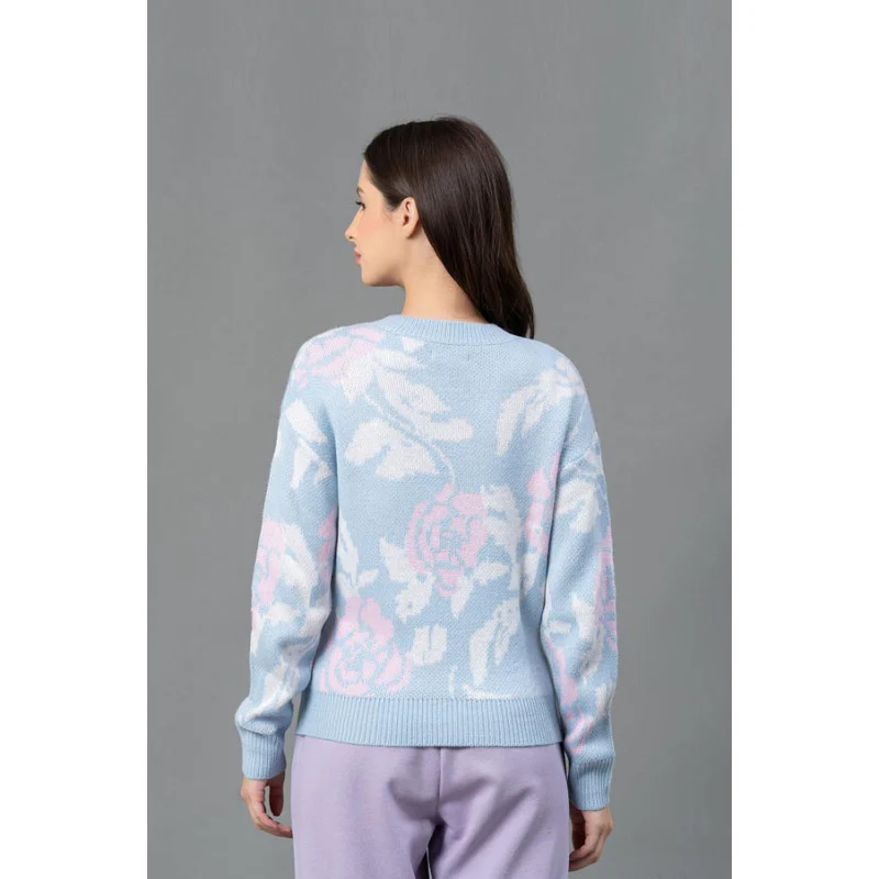 Women Blue Floral Jacquard Sweater - Image 3