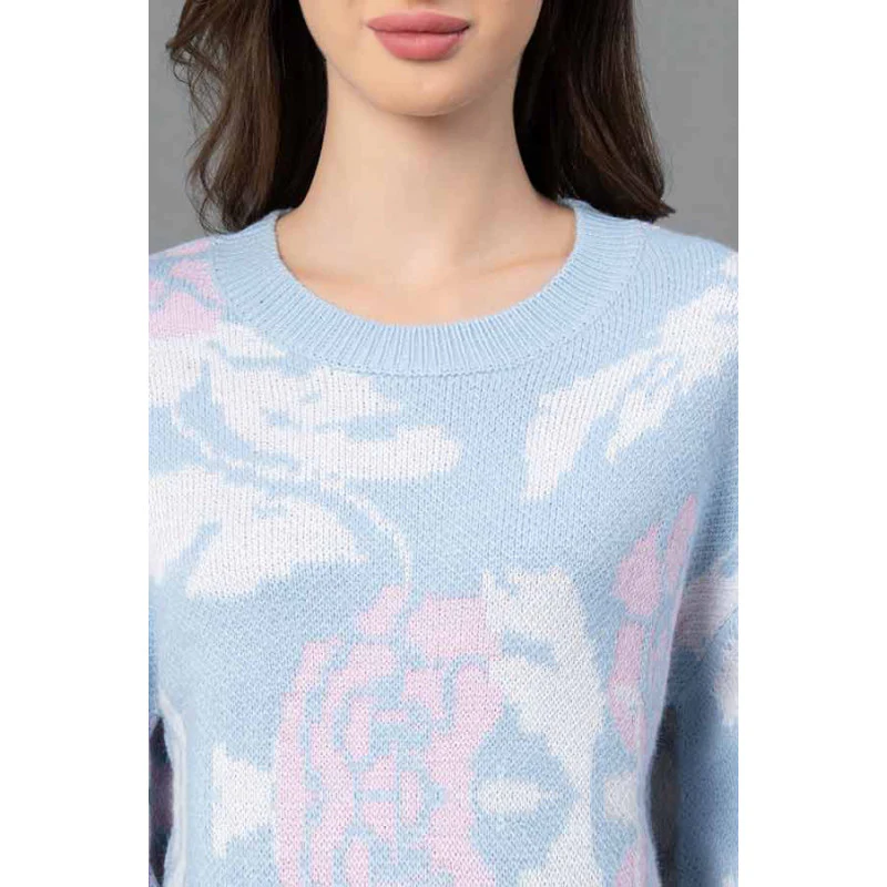 Women Blue Floral Jacquard Sweater - Image 4