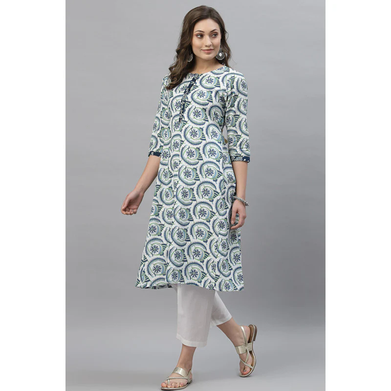 Women Blue Printed Kurta - Image 2