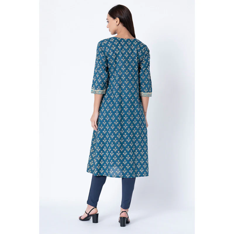 Women Blue Printed Kurta - Image 3