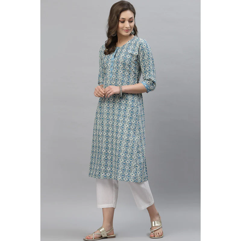Women Blue Printed Kurta - Image 2