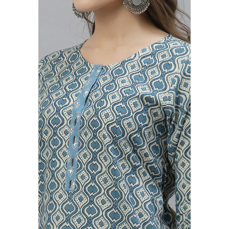 Women Blue Printed Kurta - Image 3