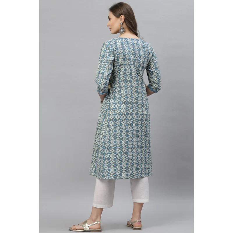 Women Blue Printed Kurta - Image 4