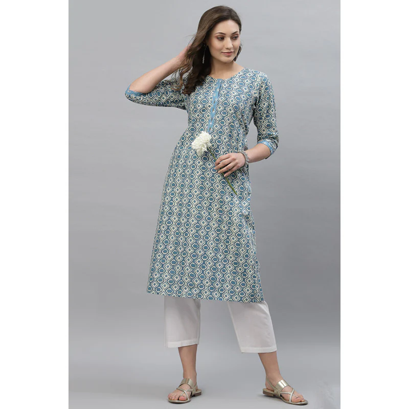 Women Blue Printed Kurta - Image 5